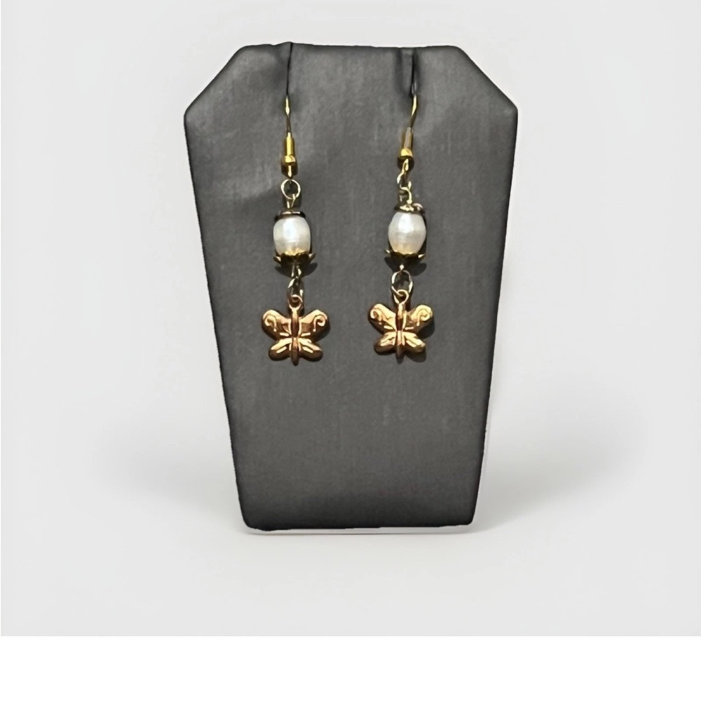 Handmade 14k Gold Plated Butterfly Pearl Dangle Earrings Cute Fairycore Whimsy